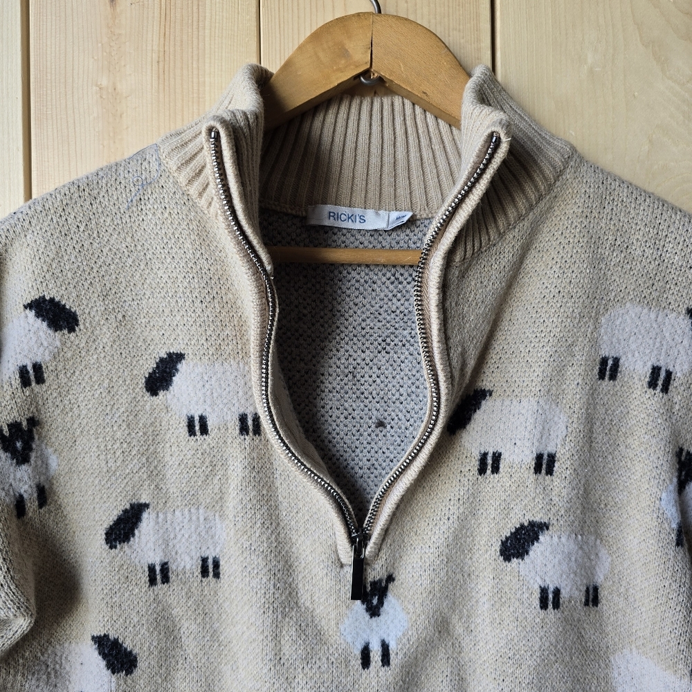 Ricki's Sheep Lamb Print 1/4 Zip Long Sleeve Pullover Tan Sweater Medium - Picture 5 of 12